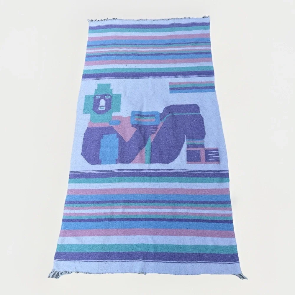 VTG Handmade Wool Rug/Tapestry Aztec, Mayan design Mexico, Southwestern 78x41